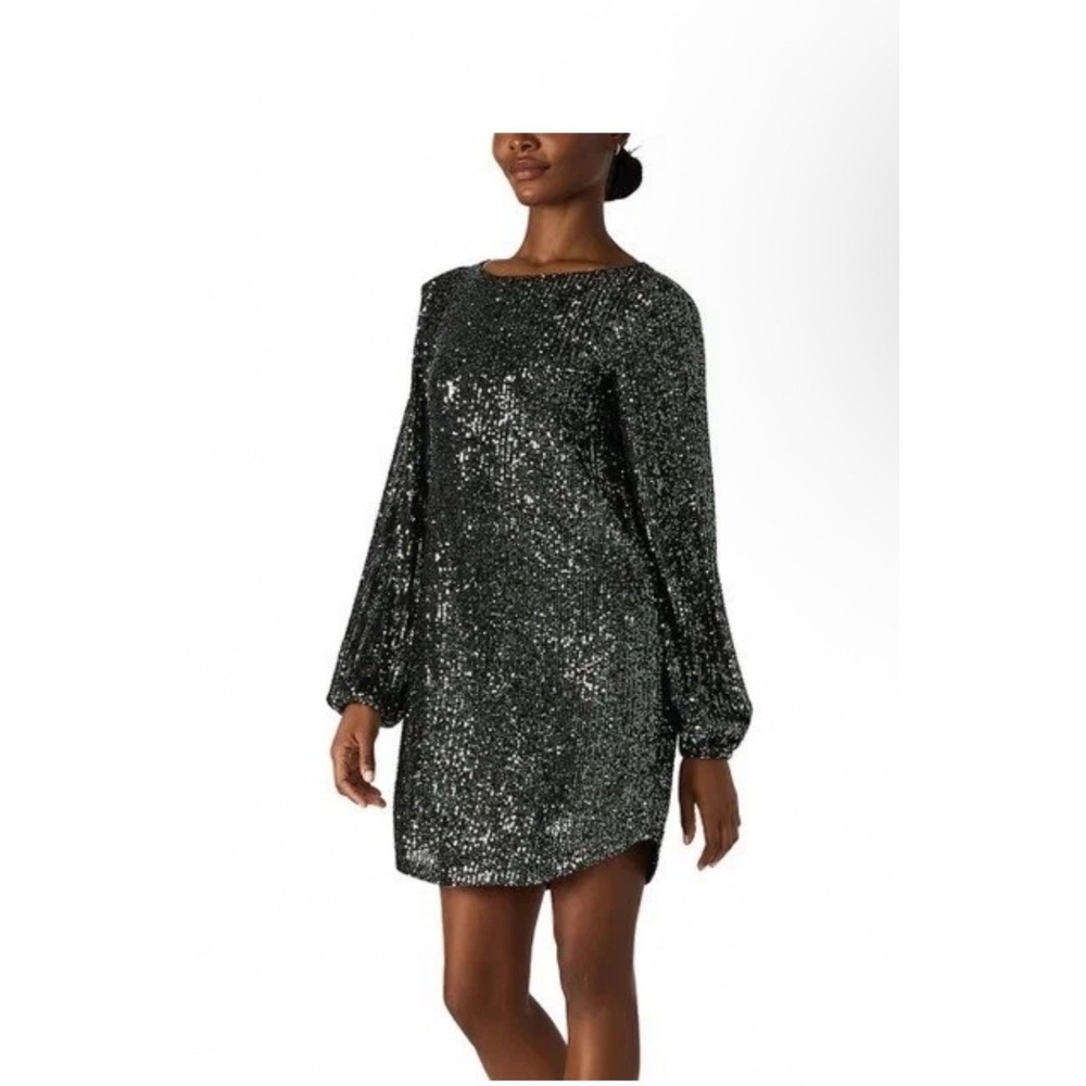 NWT Size Large Steve Madden Sequin Mini Shift Dress Womens Black New Long Sleeve - Picture 2 of 9